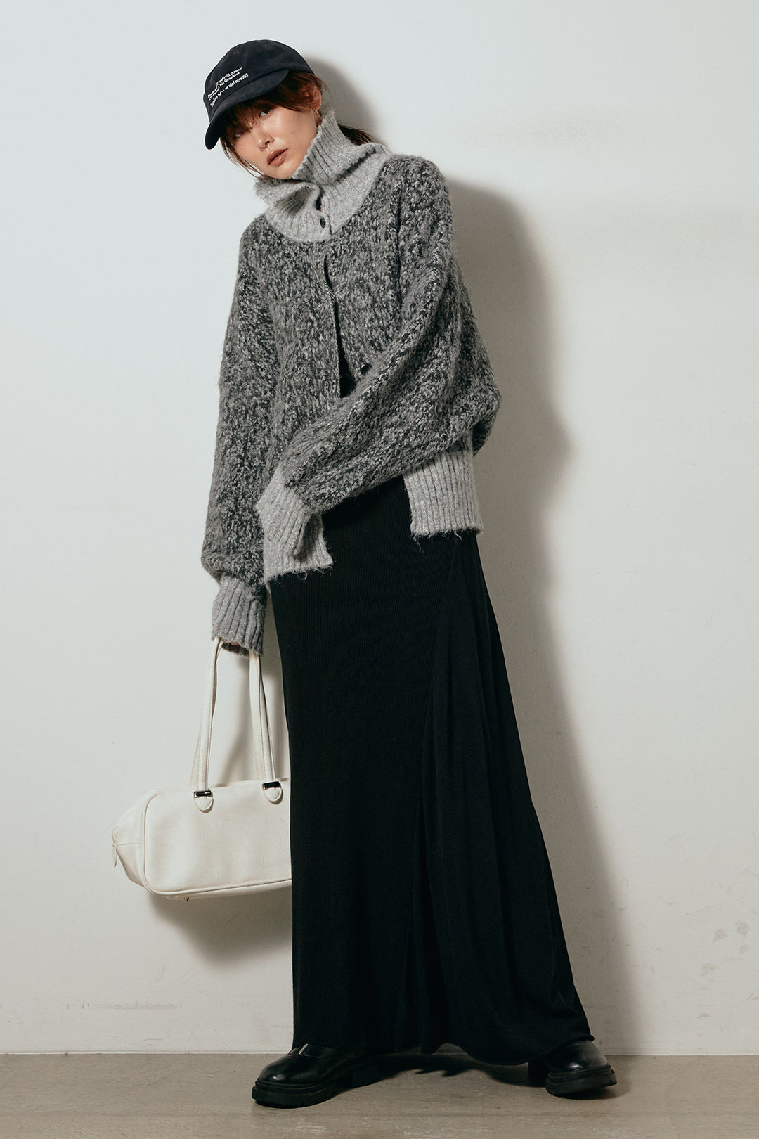 [SET]ハイネックミックスニットトップス+サイド切り替えリブニットロングスカート(2set)