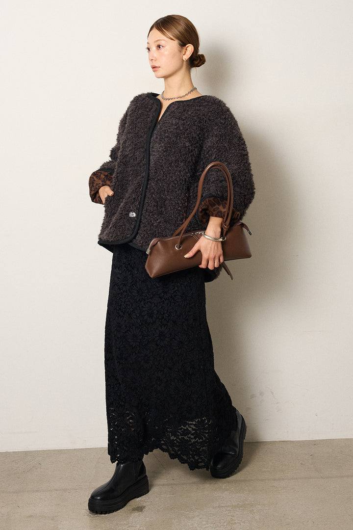 [SET]ノーカラー裏地レオパードボアアウター+花柄刺繍ベロアフレアスカート(2set)