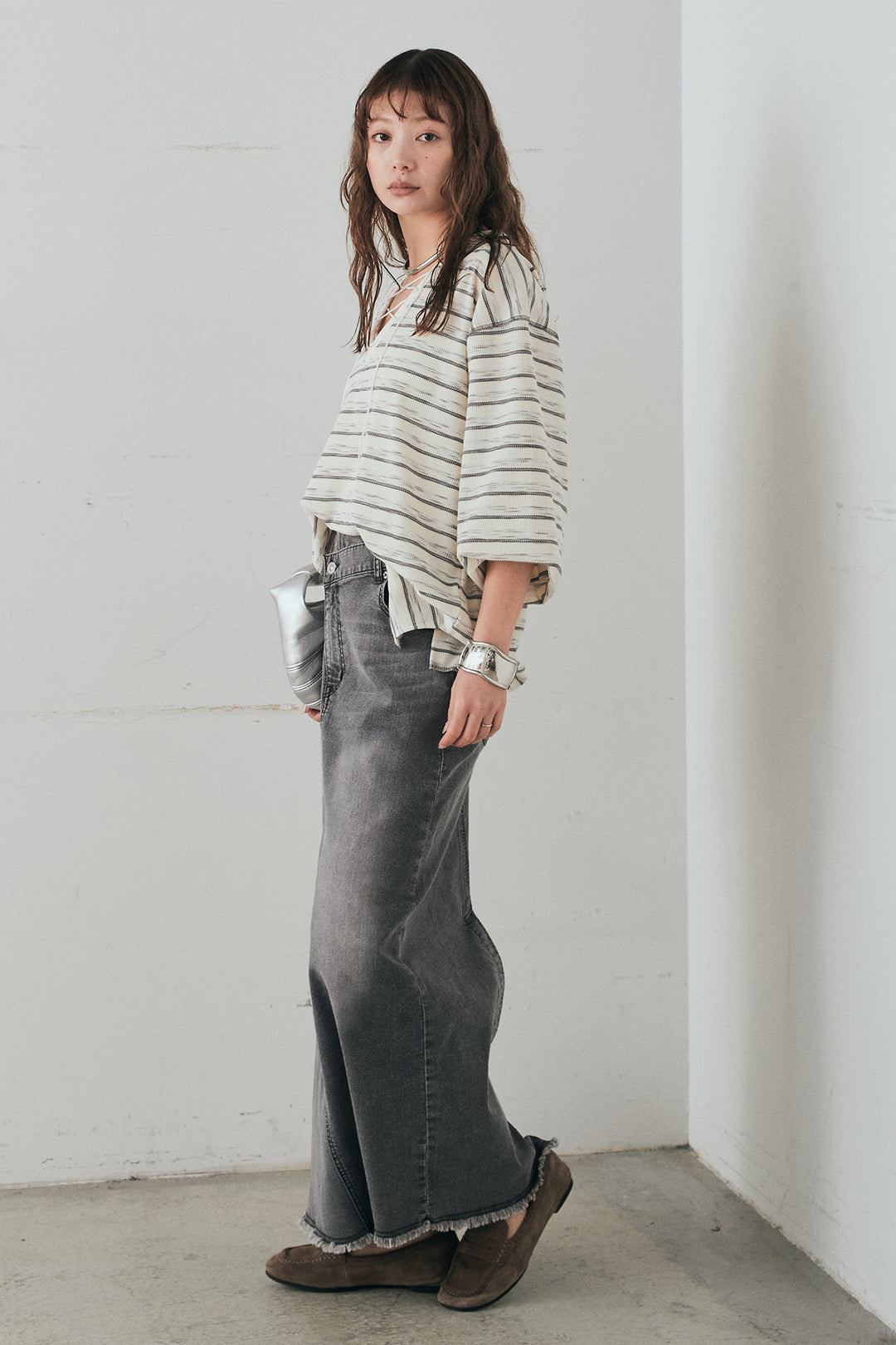 [SET]レースアップワッフルボーダートップス+ウエストクロスデニムタイトスカート(2set)