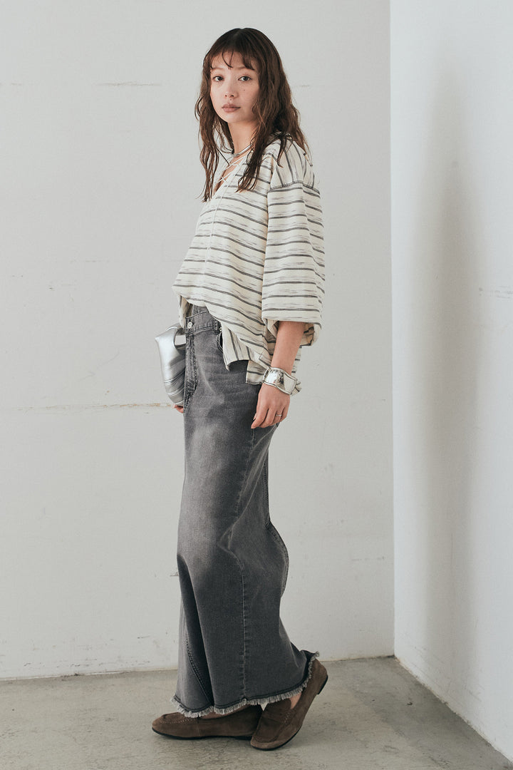 [SET]レースアップワッフルボーダートップス+ウエストクロスデニムタイトスカート(2set)