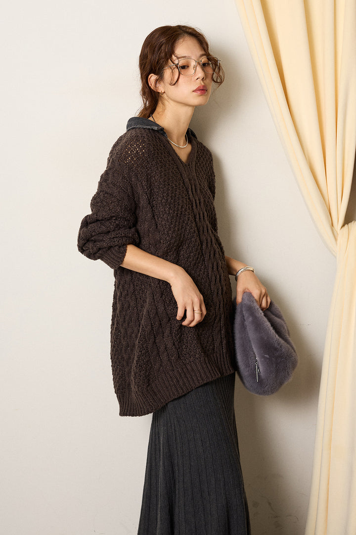 [SET]デニムカラーケーブルオーバーニット+編み地切り替えフレアニットスカート(2set)