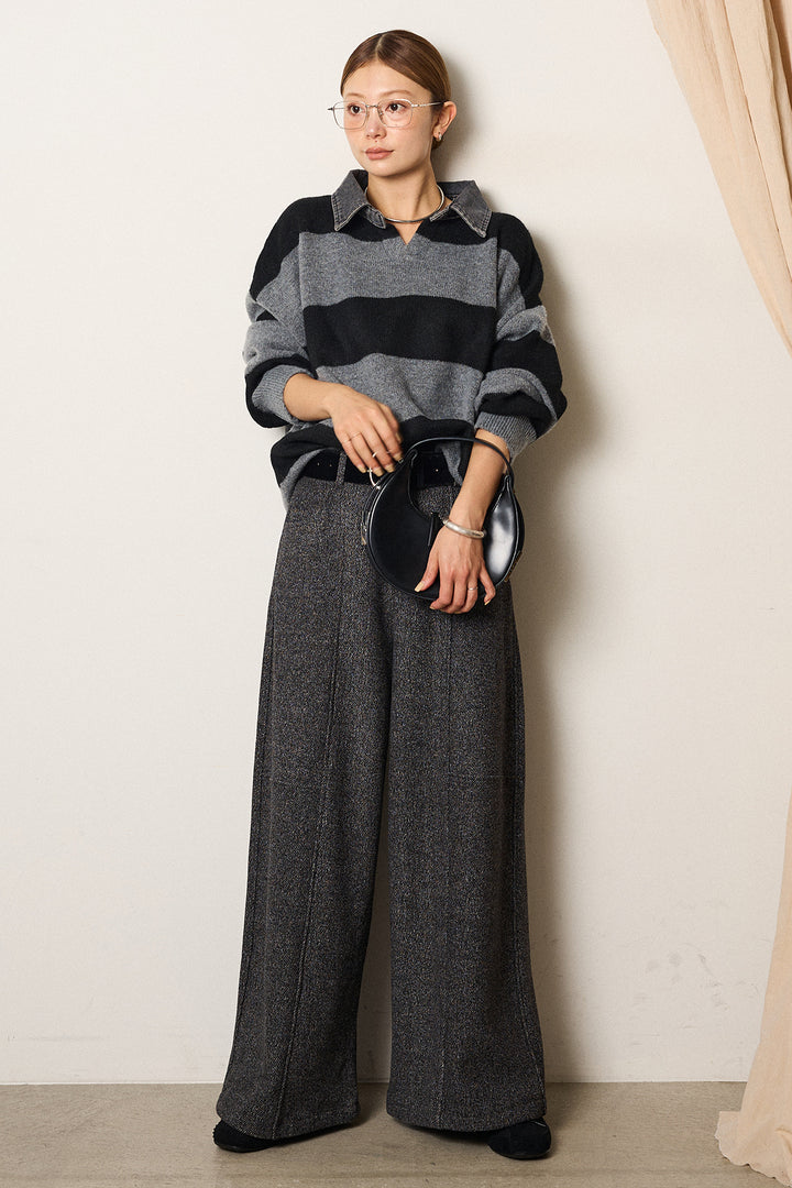 [SET]デニムカラーボーダールーズニット+太ベルト付きツイードワイドパンツ(2set)
