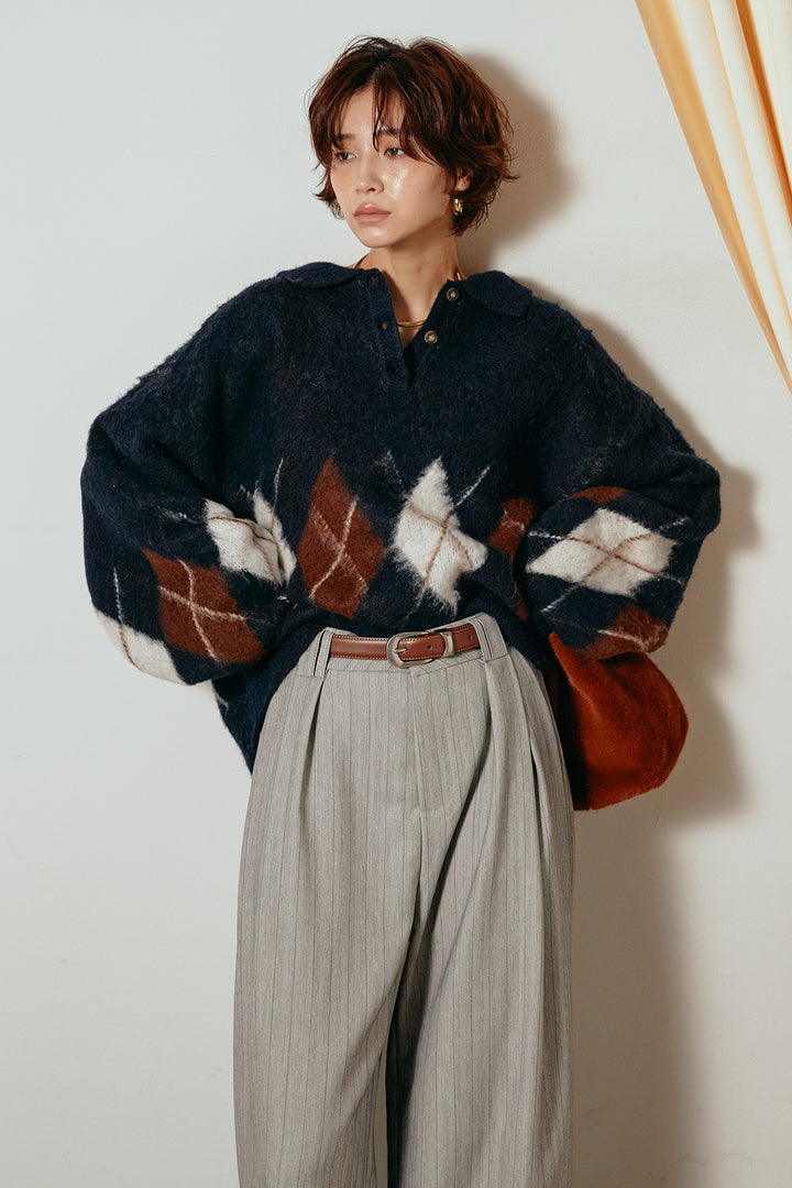 [SET]アーガイル柄ポロニットトップス+ストライプヘリンボーンパンツ(2set)