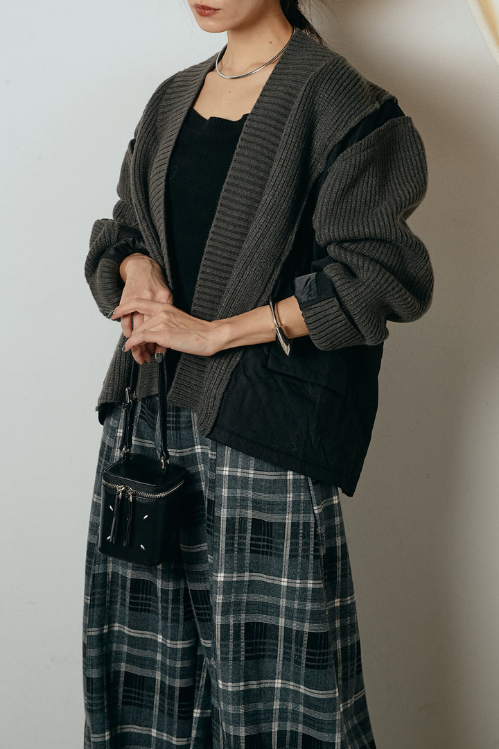 [SET]キルティング切り替えニットカーディガン+ベルト付きタータンチェックカーブワイドパンツ(2set)