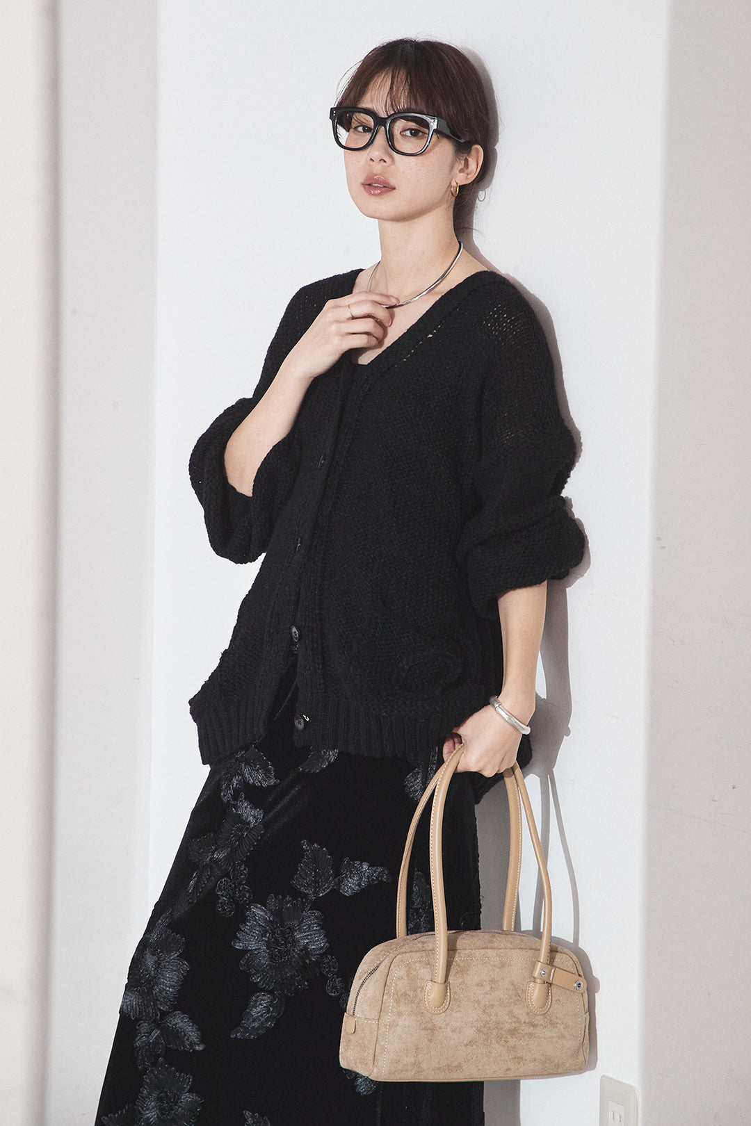 [SET]コード刺繍リラックスニットカーディガン+フラワー刺繍ワイドスカート(2set)