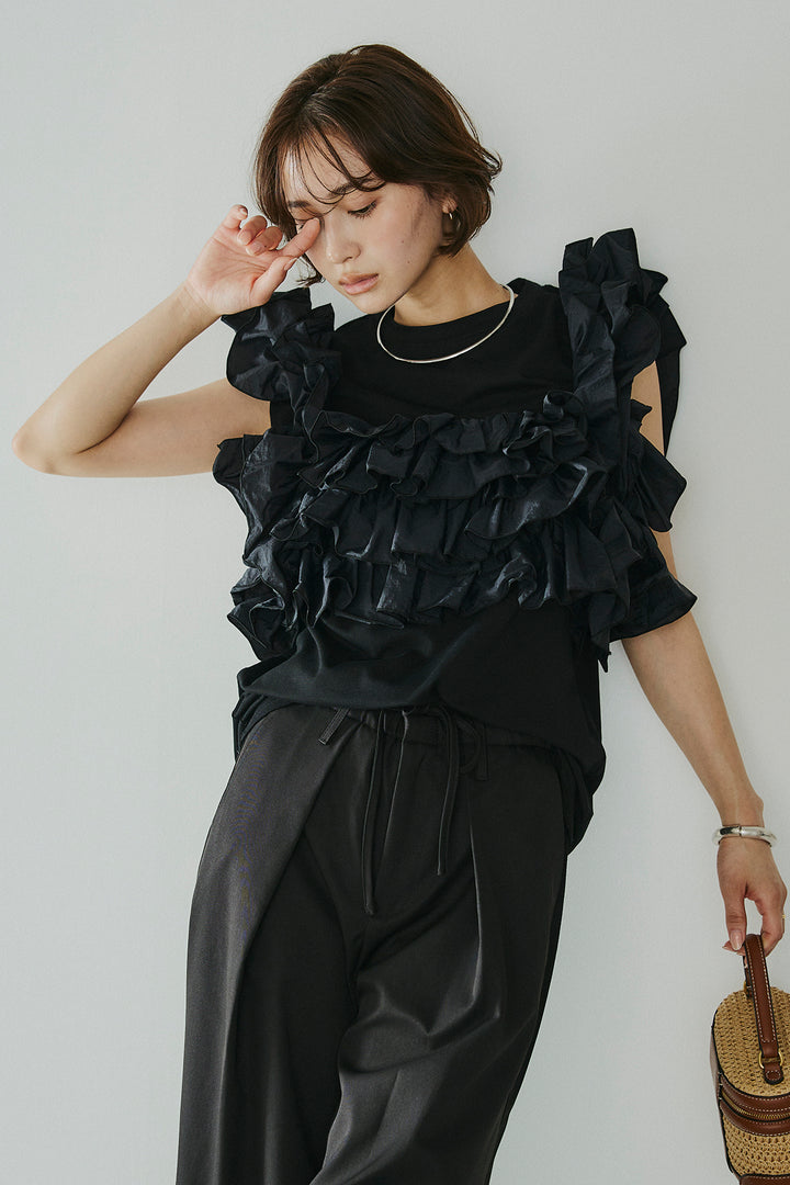 [SET]天竺ナイロンドッキングビスチェ風トップス+ニーサイドタックウエストドロスパンツ(2set)