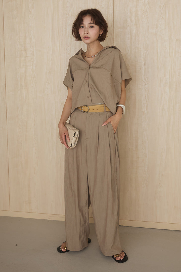 [SET]リネンライクランタンノースリシャツ+リネンライク2タックワイドパンツ(2set)