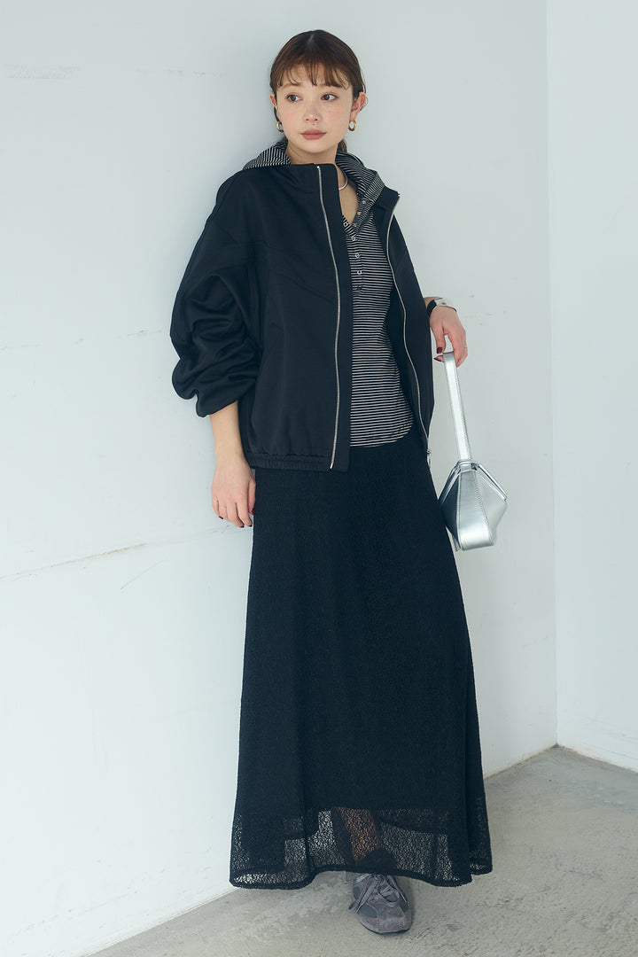 [SET]マルチ切り替えドルマンブルゾン+メッシュ刺繍ロングスカート+ボーダーフーディーロンT(3set)