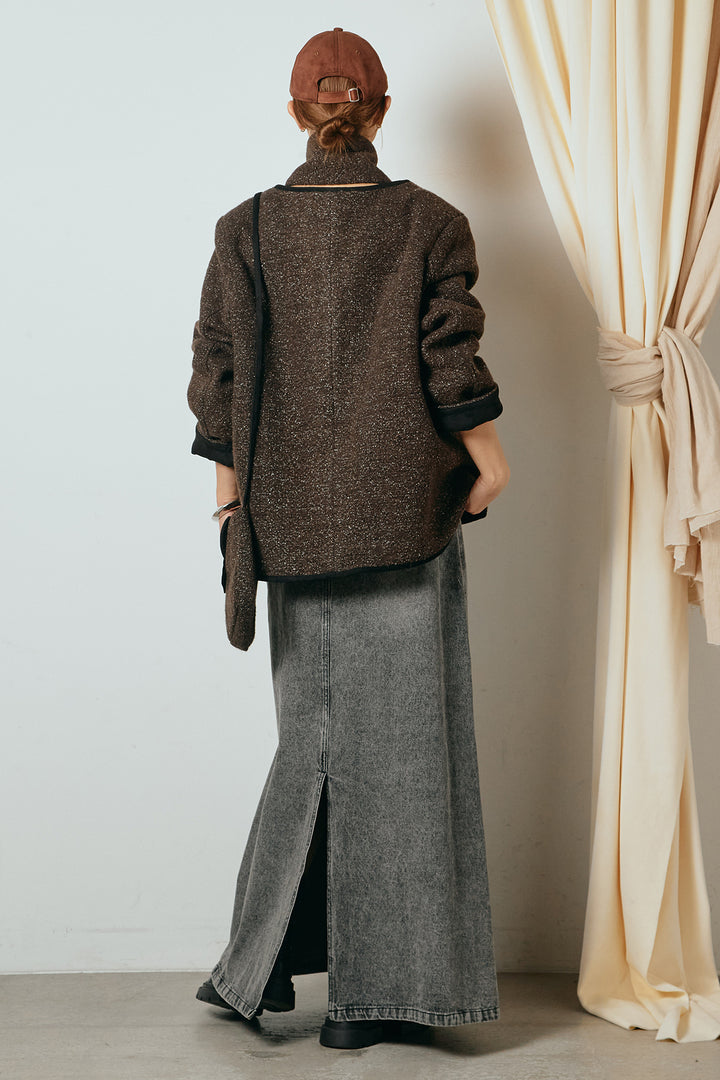 [SET]ノーカラーマフラーバッグ付きアウター+デニムロングフレアスカート(2set)