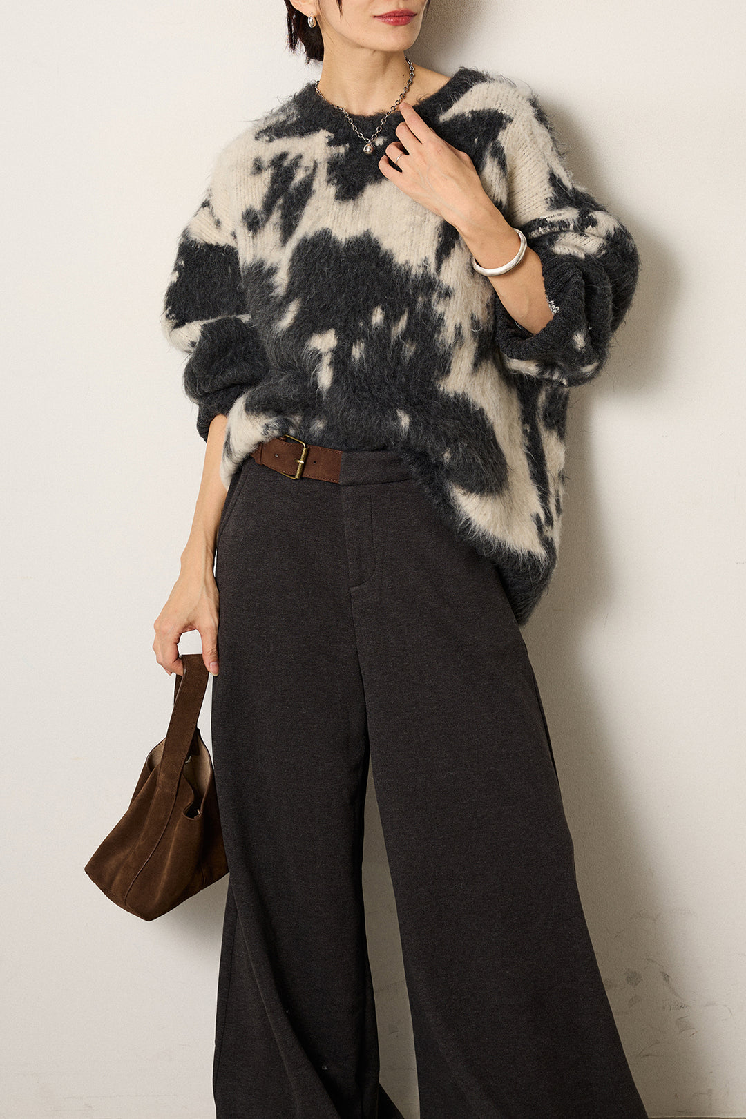 [SET]モヘアタッチマーブルニット+サイドベルトパンツ(2set)