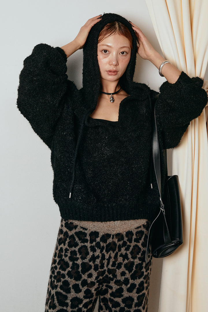 [SET]ブークレキーネックプルオーバー+リラックスレオパード柄ニットパンツ(2set)