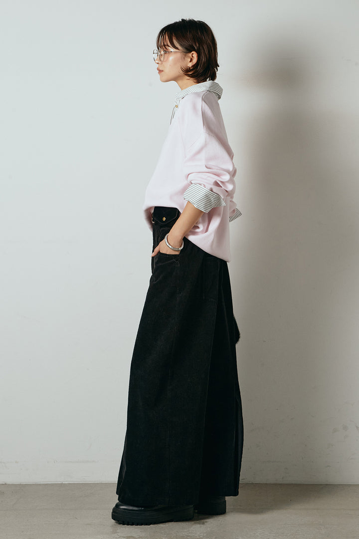 [SET]ストライプシャツドッキングポロトップス+ポーチベルト付きコーデュロイワイドスカート(2set)