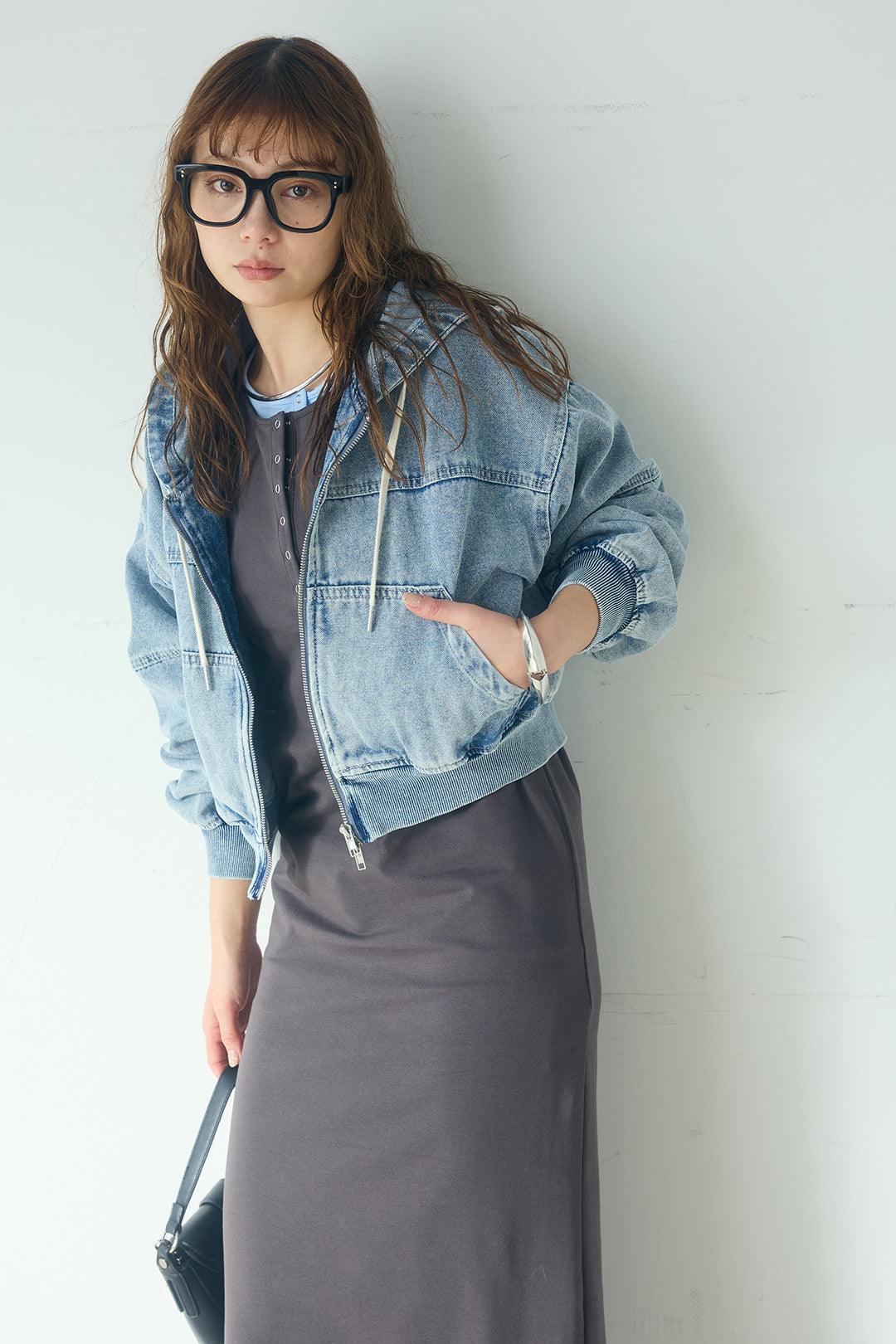[SET]デニムダブルジップパーカーブルゾン+レイヤード見えヘンリーネックロングワンピース(2set)