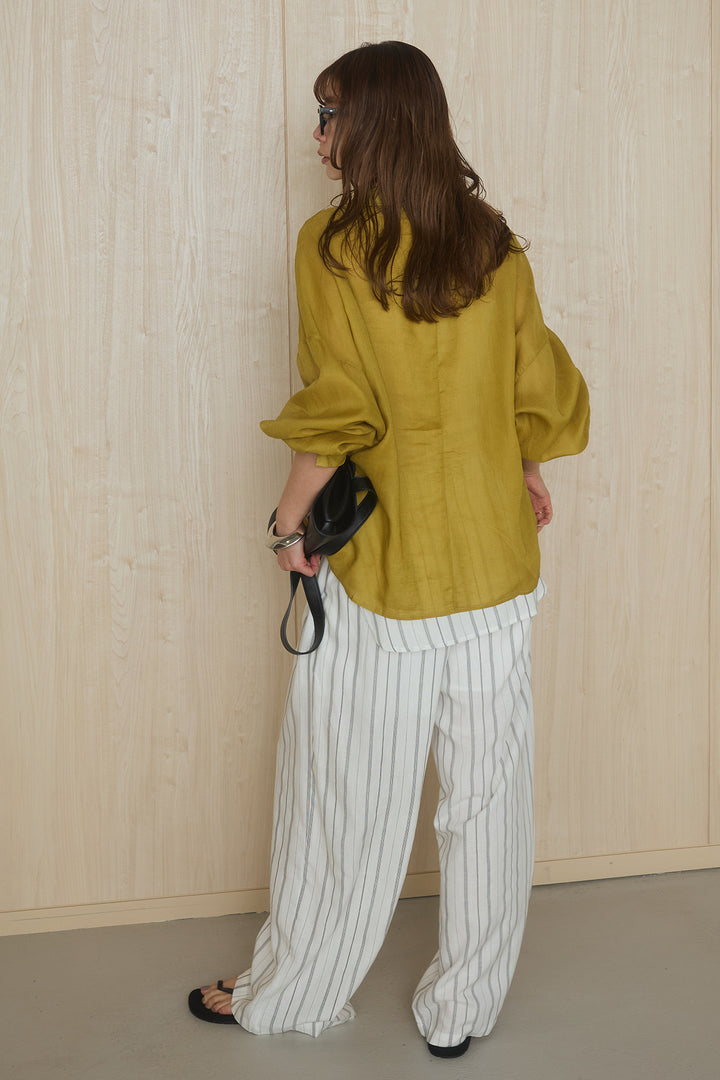 [SET]襟付きボタンブラウス+ウエスト巻きピンストライプパンツ(2set)