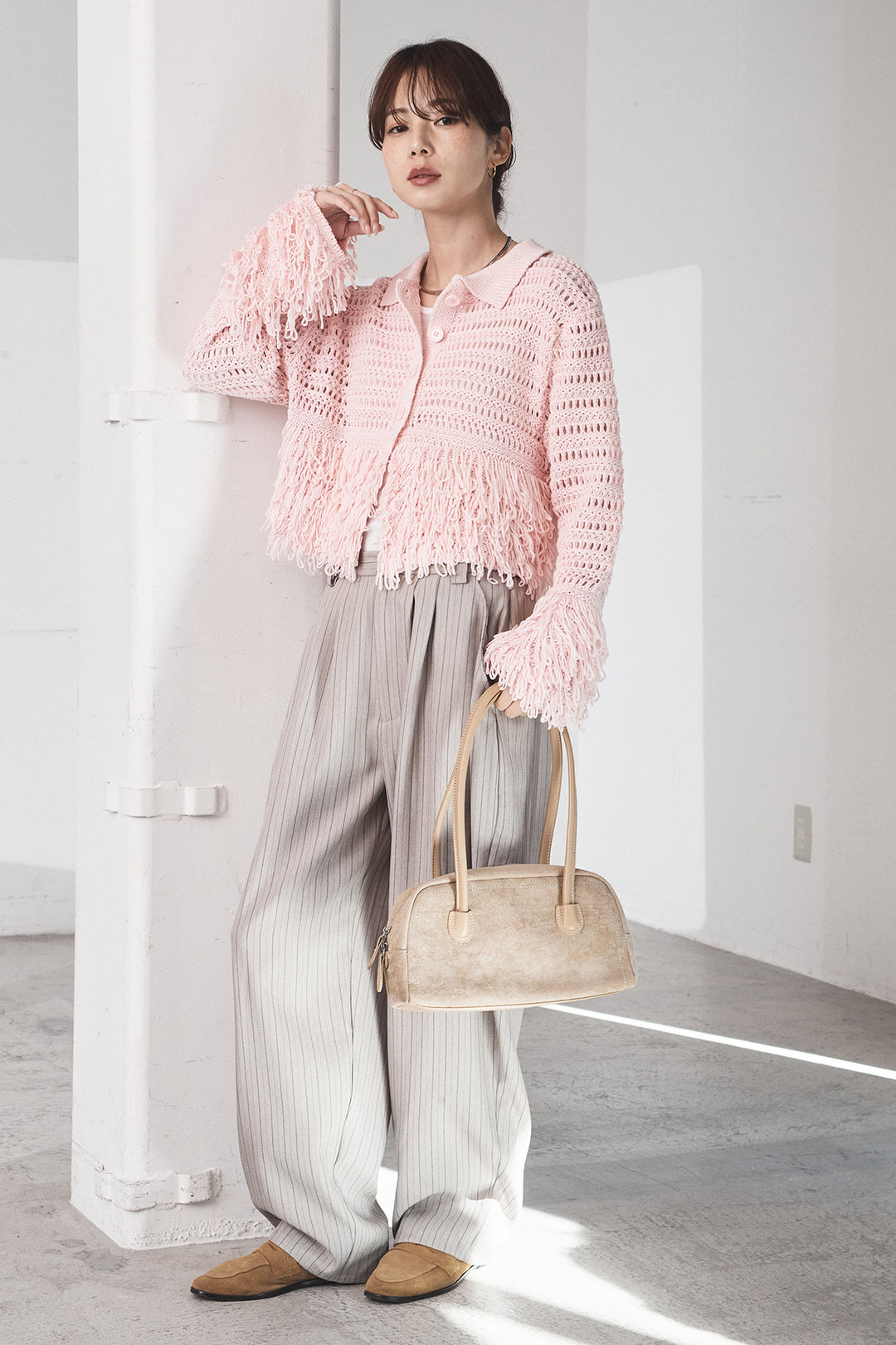 [SET]メッシュフリンジカーディガン+ヘリンボーンストライプツータックパンツ(2set)