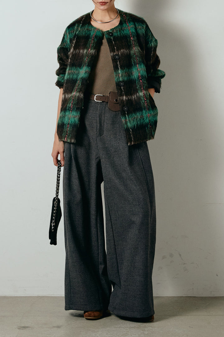 [SET]ノーカラーシャギーチェックアウター+ポーチベルト付きカーブパンツ(2set)