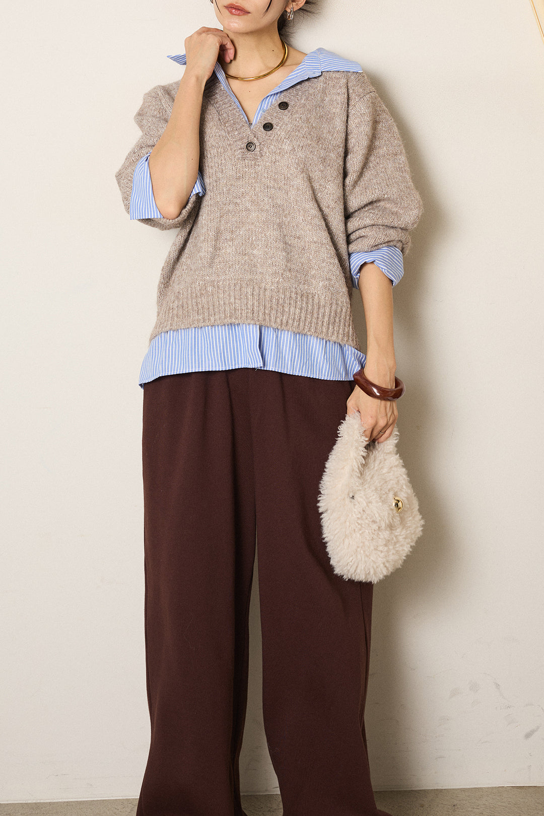 [SET]ストライプシャツドッキングニットポロトップス+裏起毛スウェットワイドパンツ(2set)