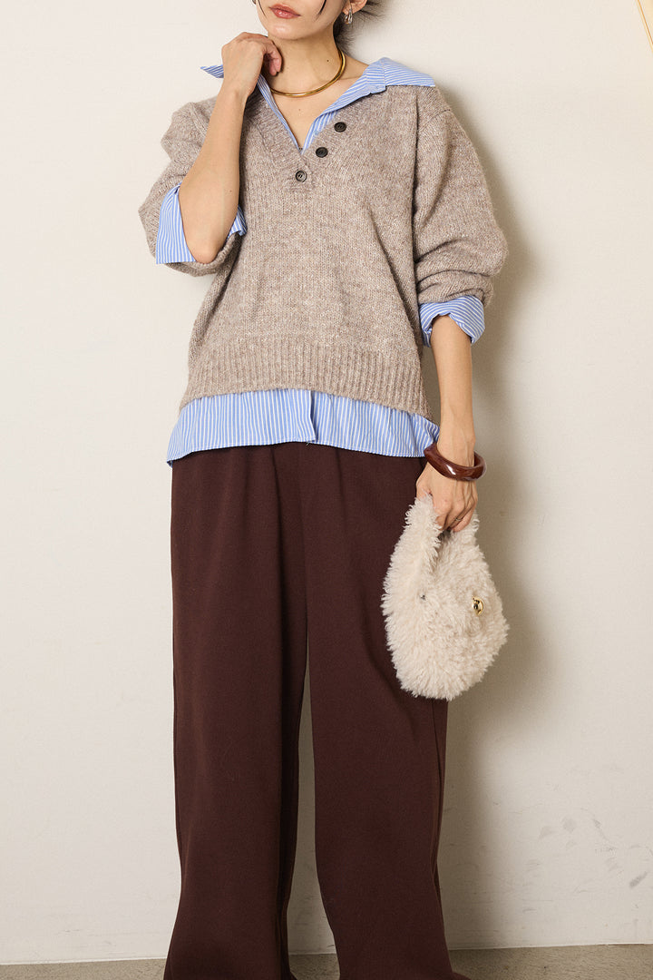 [SET]ストライプシャツドッキングニットポロトップス+裏起毛スウェットワイドパンツ(2set)