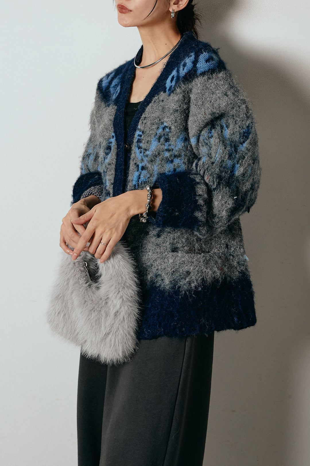 [SET]シャギーニュアンス柄ニットカーディガン+裏起毛スウェットワイドパンツ(2set)