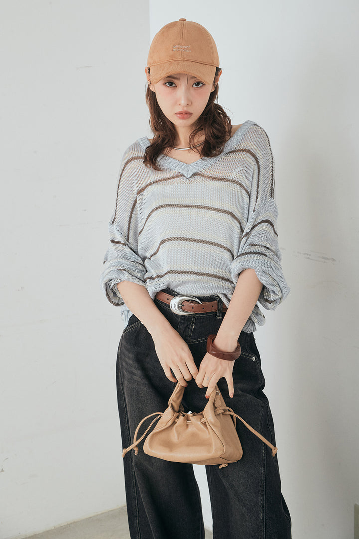 [SET]綿タッチVネックボーダートップス+デニムヨークパンツ(2set)