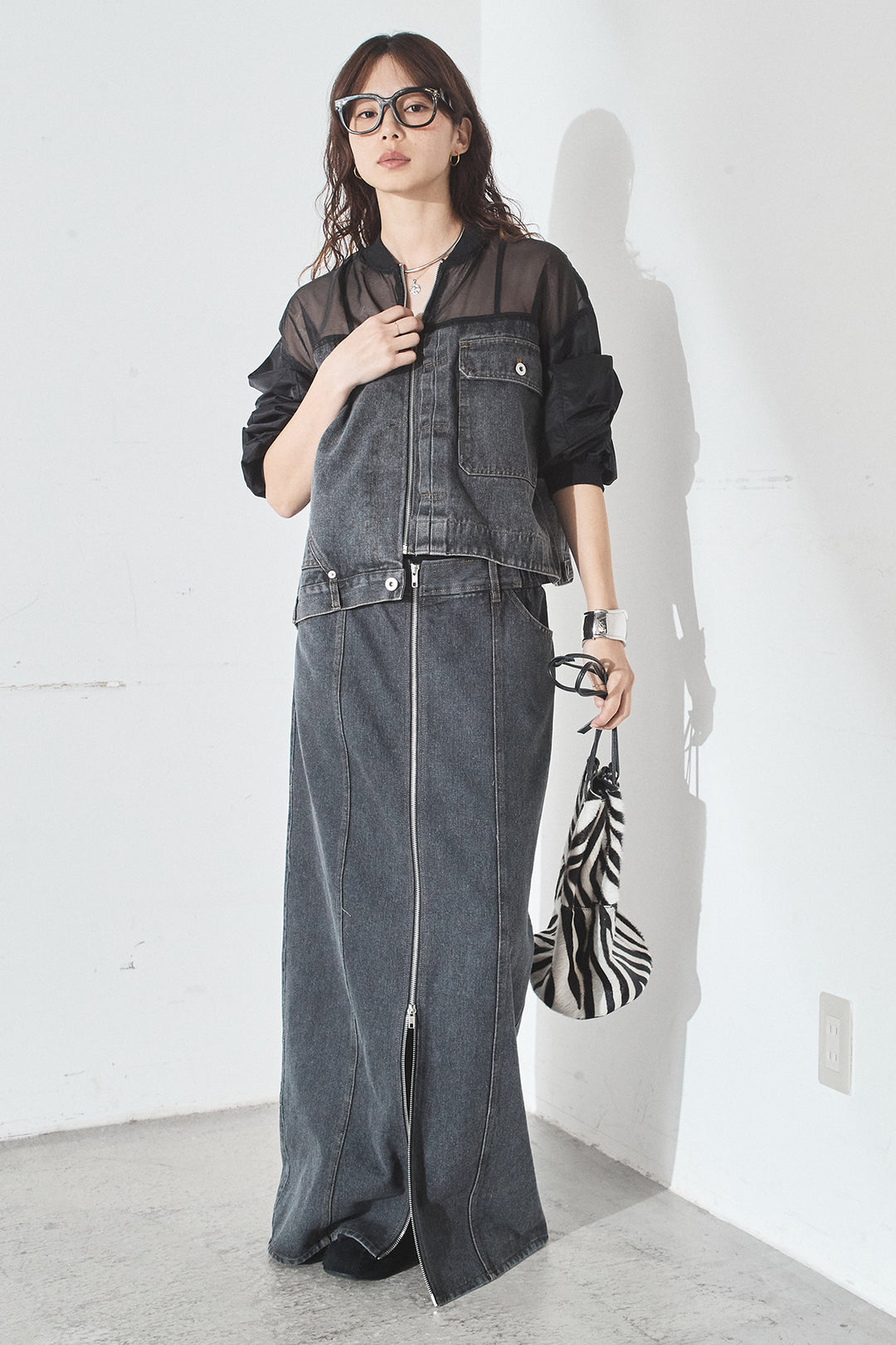 [SET]デニムコンビネーションブルゾン+フロントジップデニムスカート(2set)