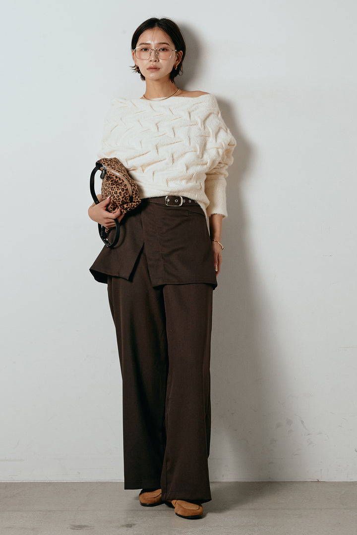 [SET]ボートネックニットトップス+ベルト付きウエストデザインパンツ(2set)