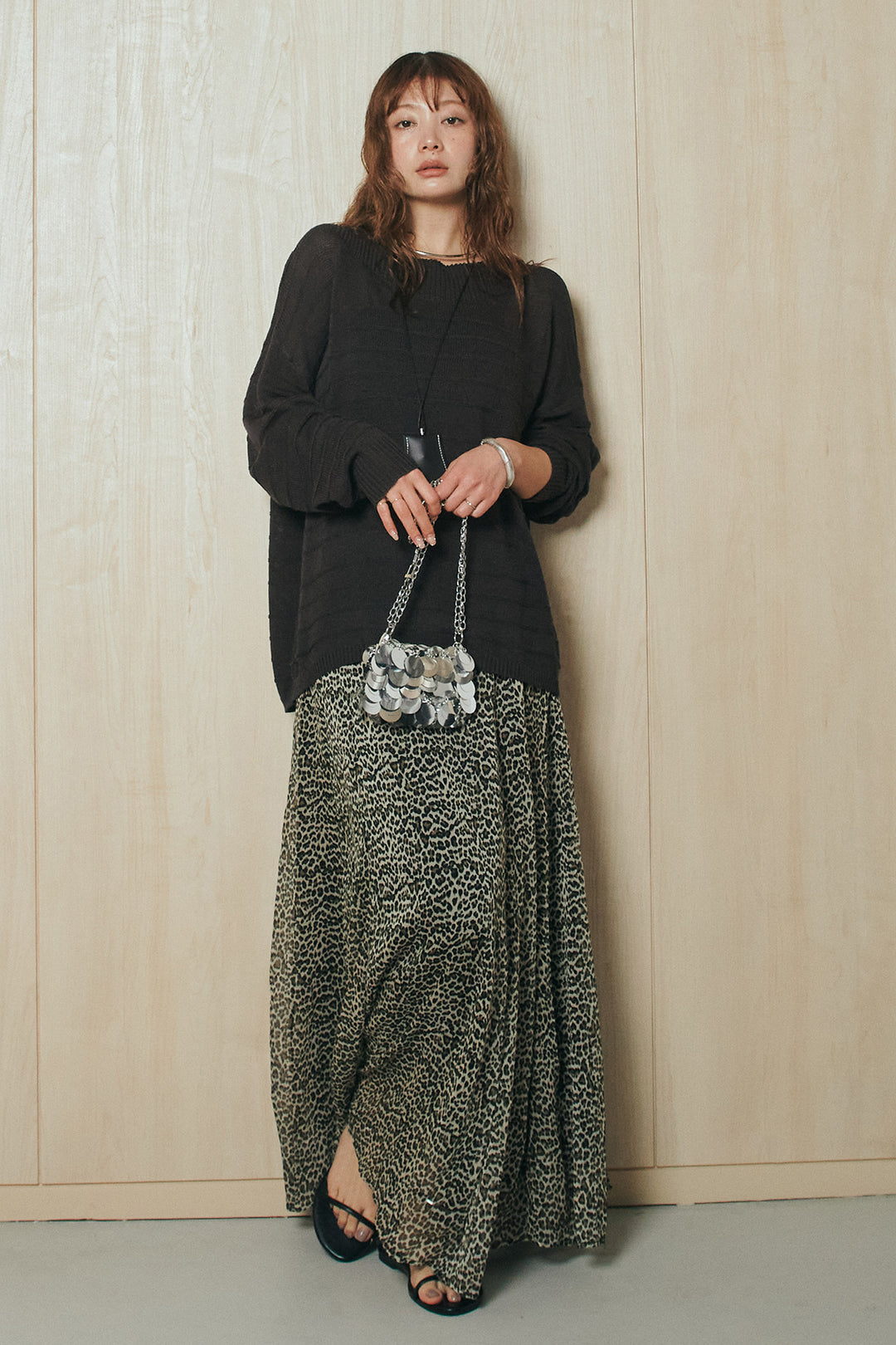 [SET]麻混リラックスニットトップス+リラックスレオパードロングスカート(2set)