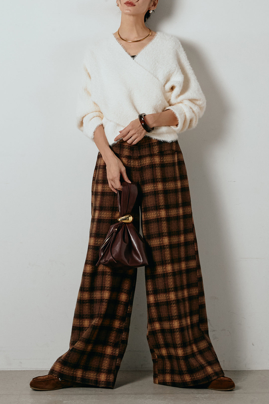 [SET]シャギーカシュクールニットトップス+ルーズタータンチェックワイドパンツ(2set)