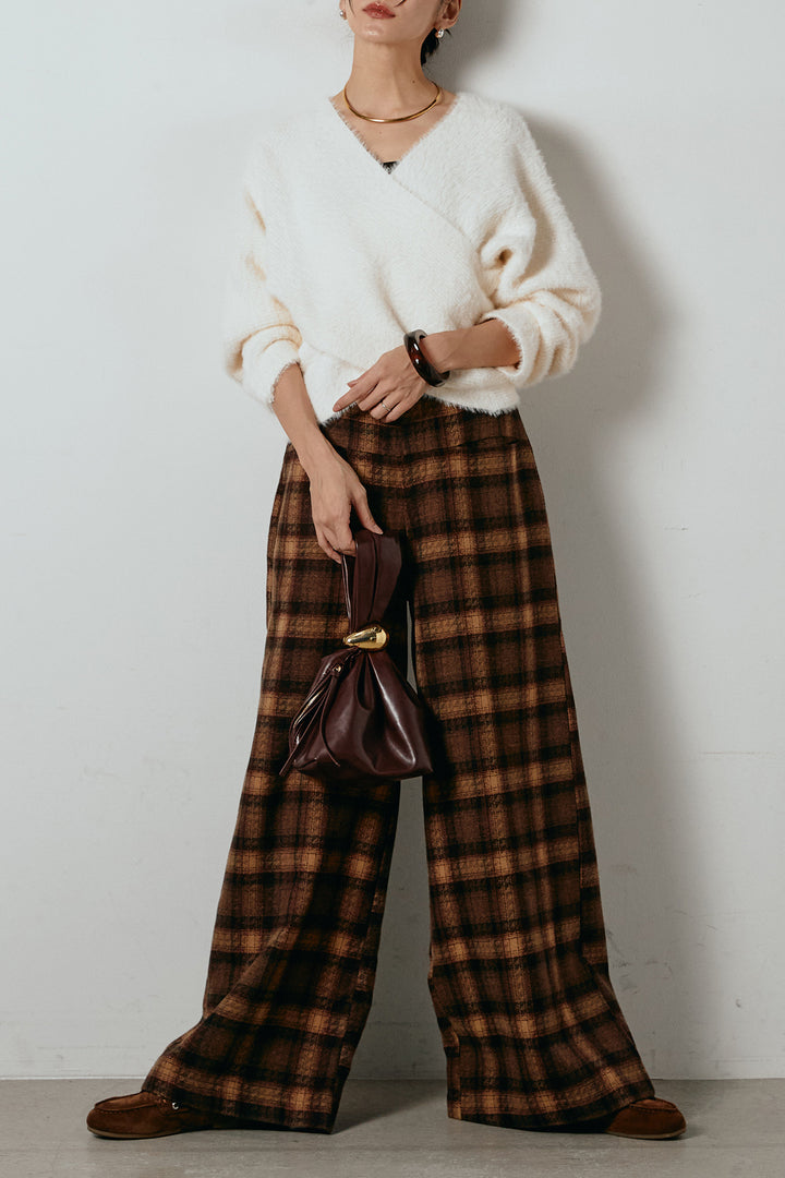 [SET]シャギーカシュクールニットトップス+ルーズタータンチェックワイドパンツ(2set)