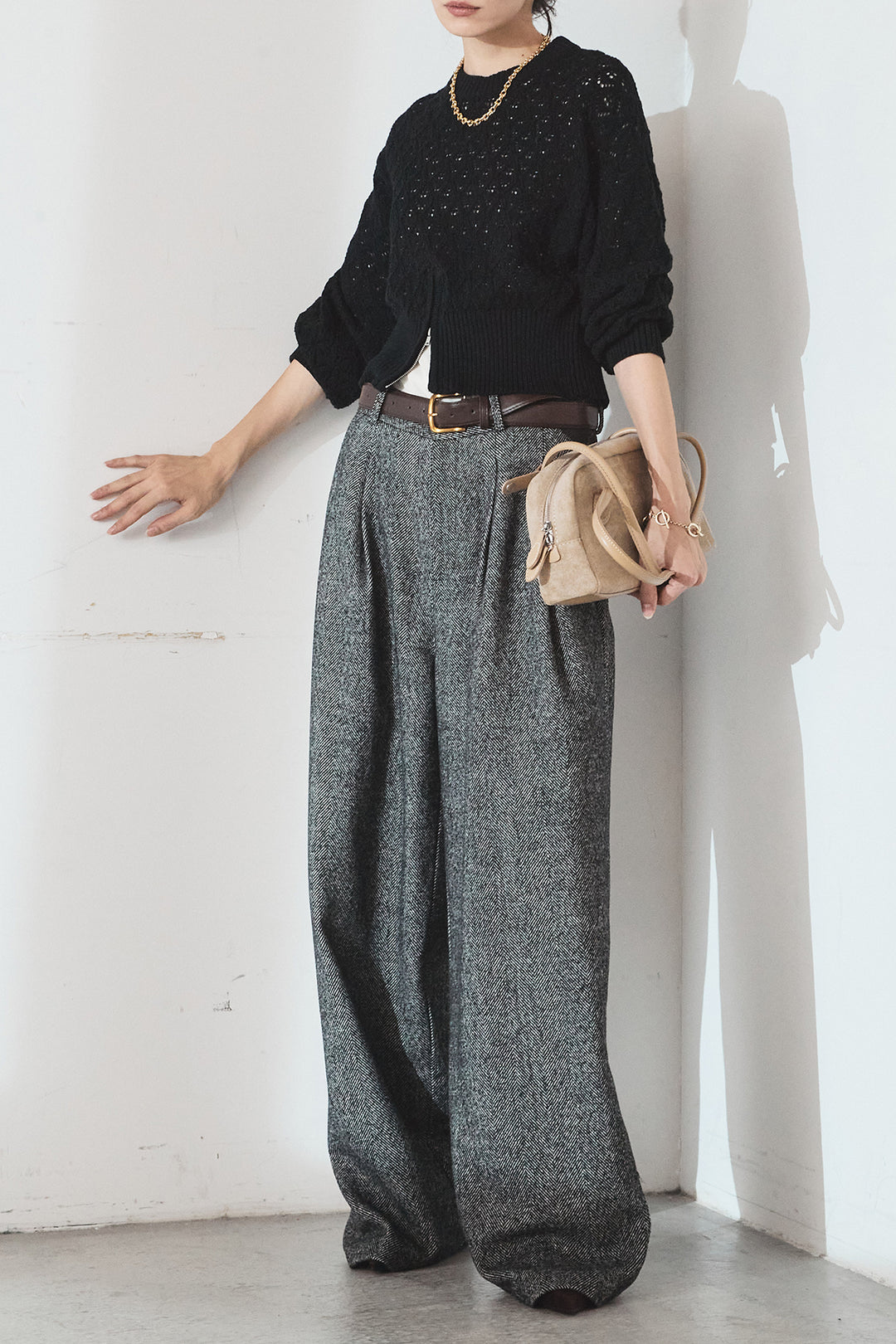 [SET]透かし編みニットジップスリットプルオーバー+タックツイードワイドパンツ(2set)