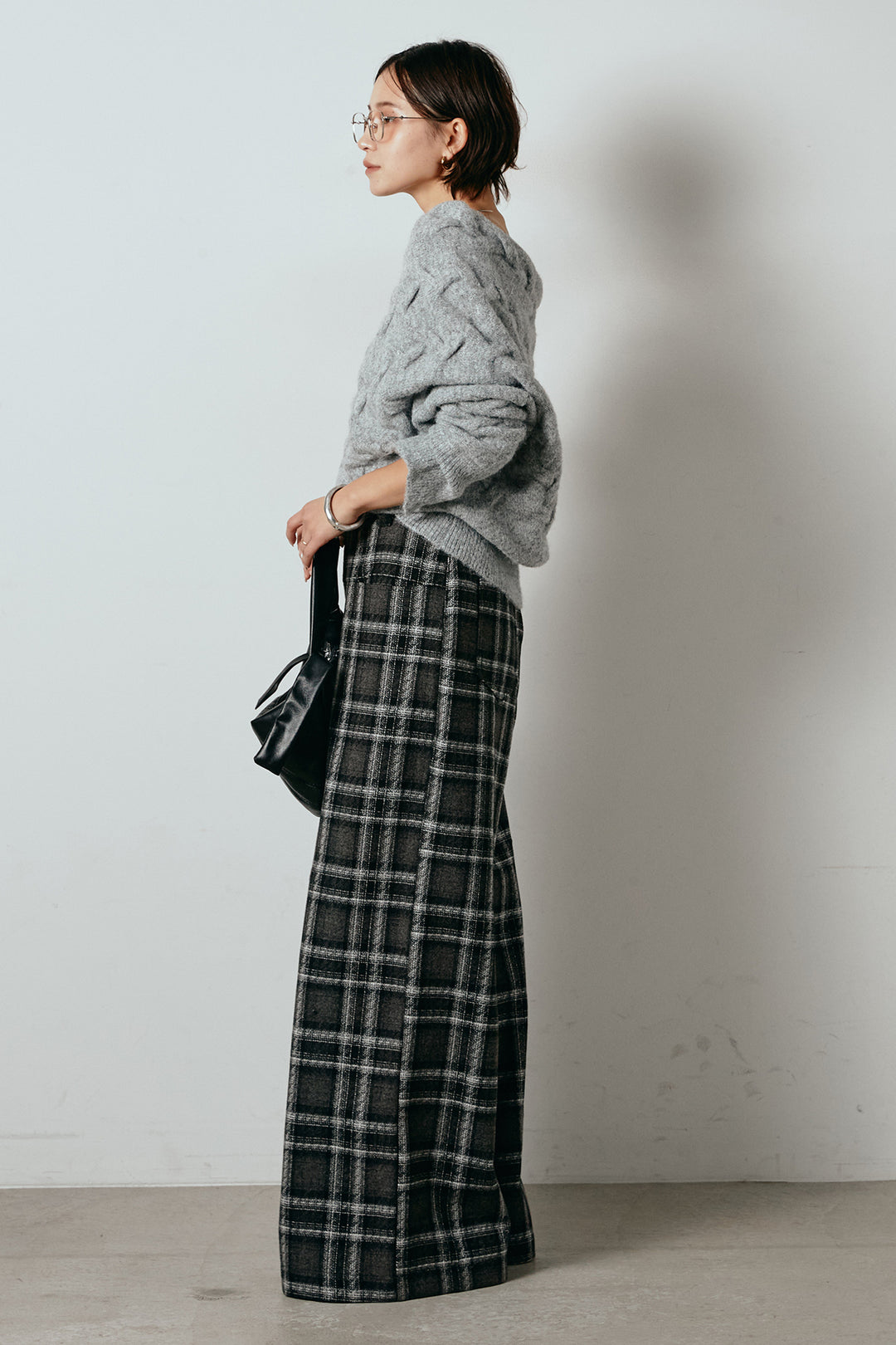 [SET]ボートネックニットトップス+ルーズタータンチェックワイドパンツ(2set)
