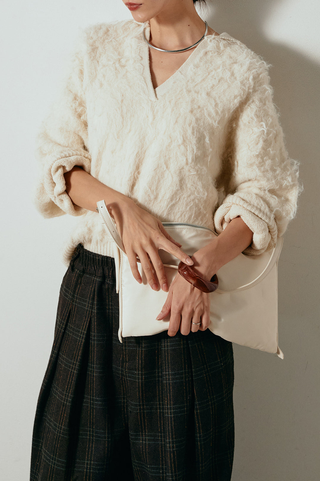 [SET]襟付きシャギーニットポロトップス+タータンチェック柄タックパンツ(2set)