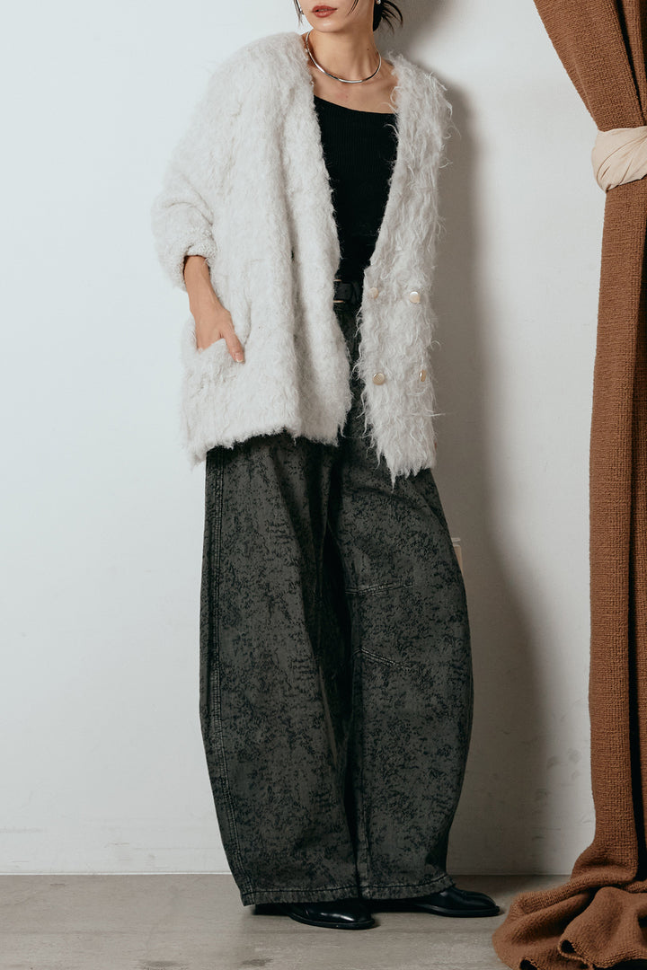 [SET]ウェーブシャギーニットジャケット+ベルト付きニュアンス柄カーブワイドパンツ(2set)