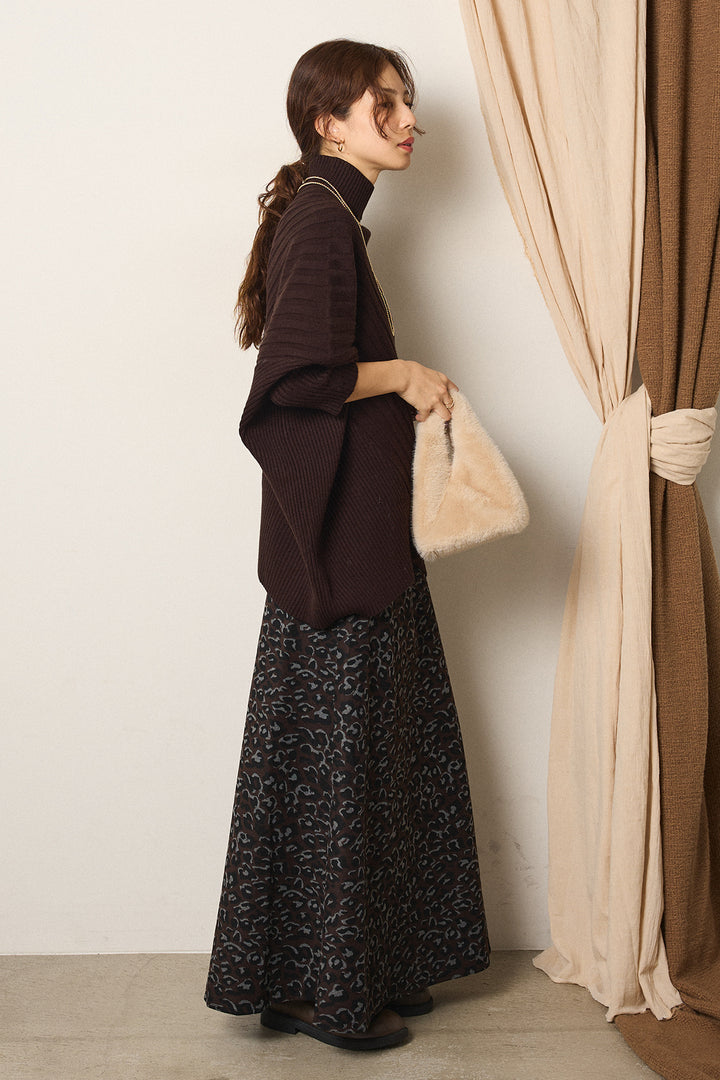 [SET]アシメデザインリブポンチョニットトップス+レオパードロングスカート(2set)