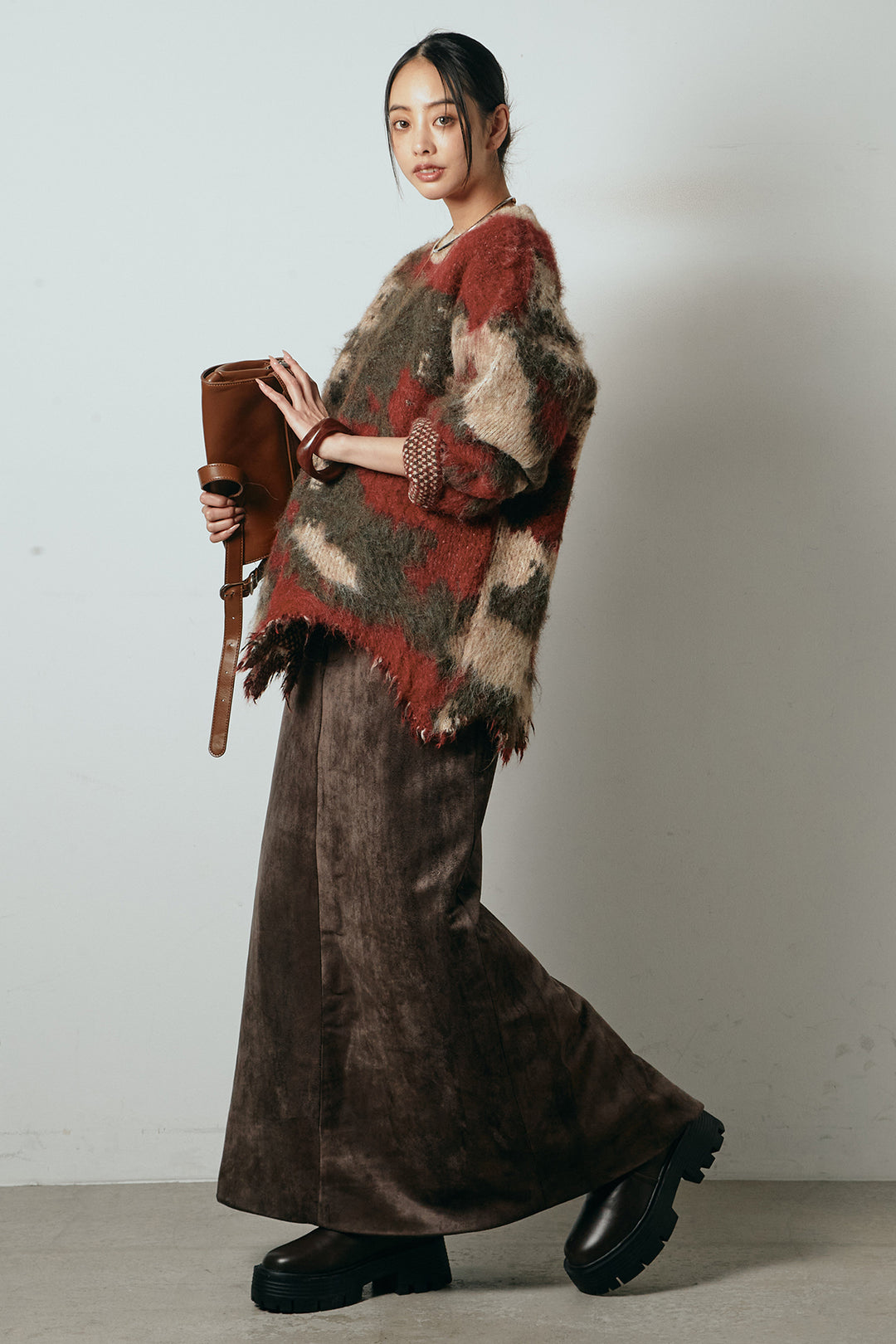 [SET]起毛裾デザインニュアンス柄ニットトップス+エコスウェードワイドスカート(2set)