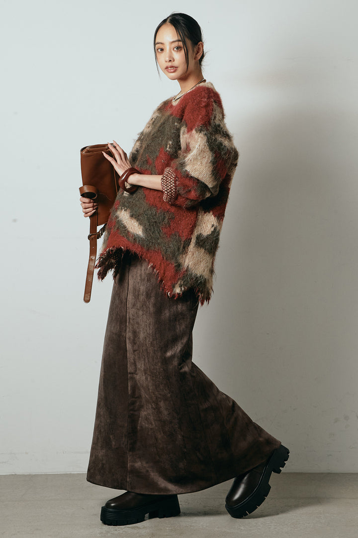 [SET]起毛裾デザインニュアンス柄ニットトップス+エコスウェードワイドスカート(2set)