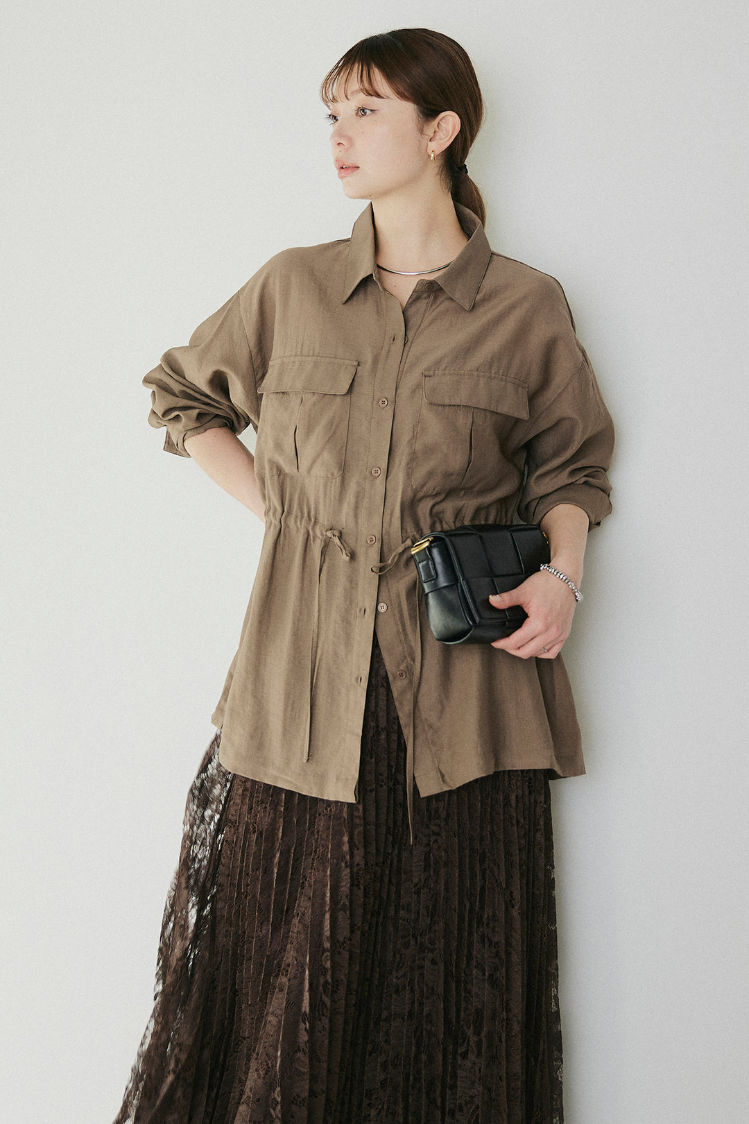 [SET]リネンブレンドシアーサファリシャツ+リラックスプリーツスカート(2set)