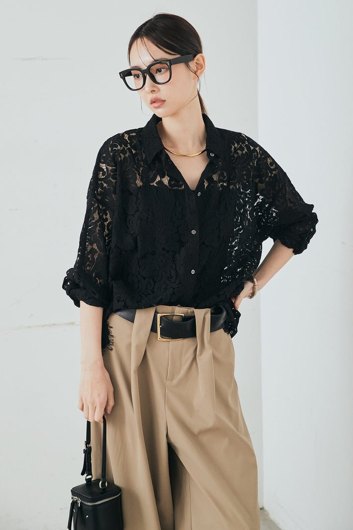 [SET]レース裾スカラップシャツ+ベルトループデザインハイウエストタックパンツ(2set)