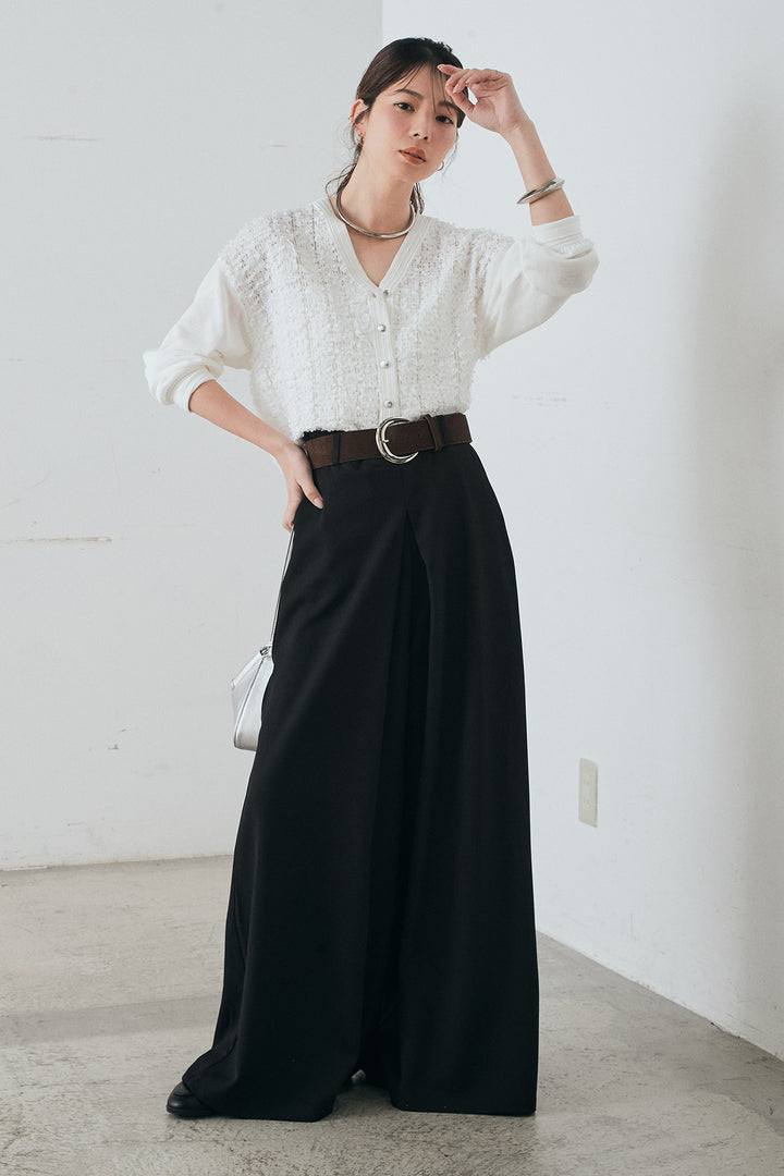 [SET]モコレースVネックカーディガン+太ベルト付きフロントタックパンツ(2set)