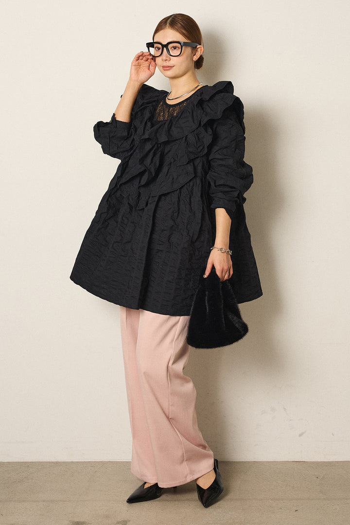 [SET]Vネックフリルカラーブラウス+ツイルスプリングカラータックパンツ+ストレッチレースクルーネックインナー(3set)