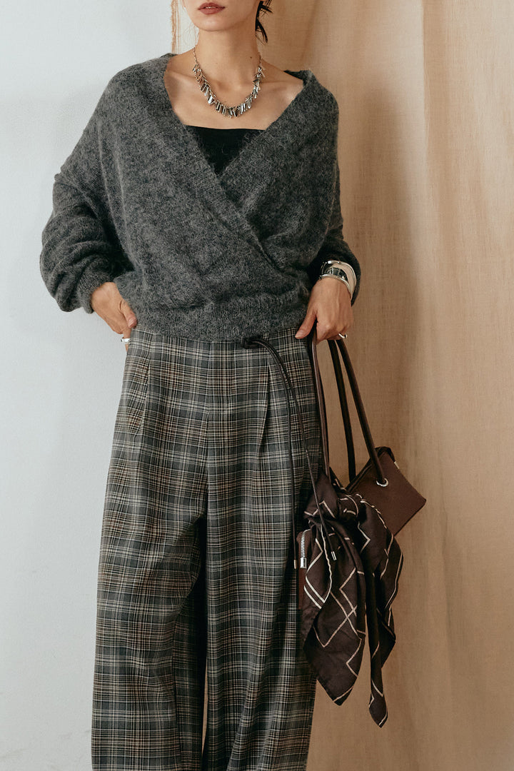 [SET]カシュクールデザインニット+編みベルト付きタータンチェックワイドパンツ(2set)
