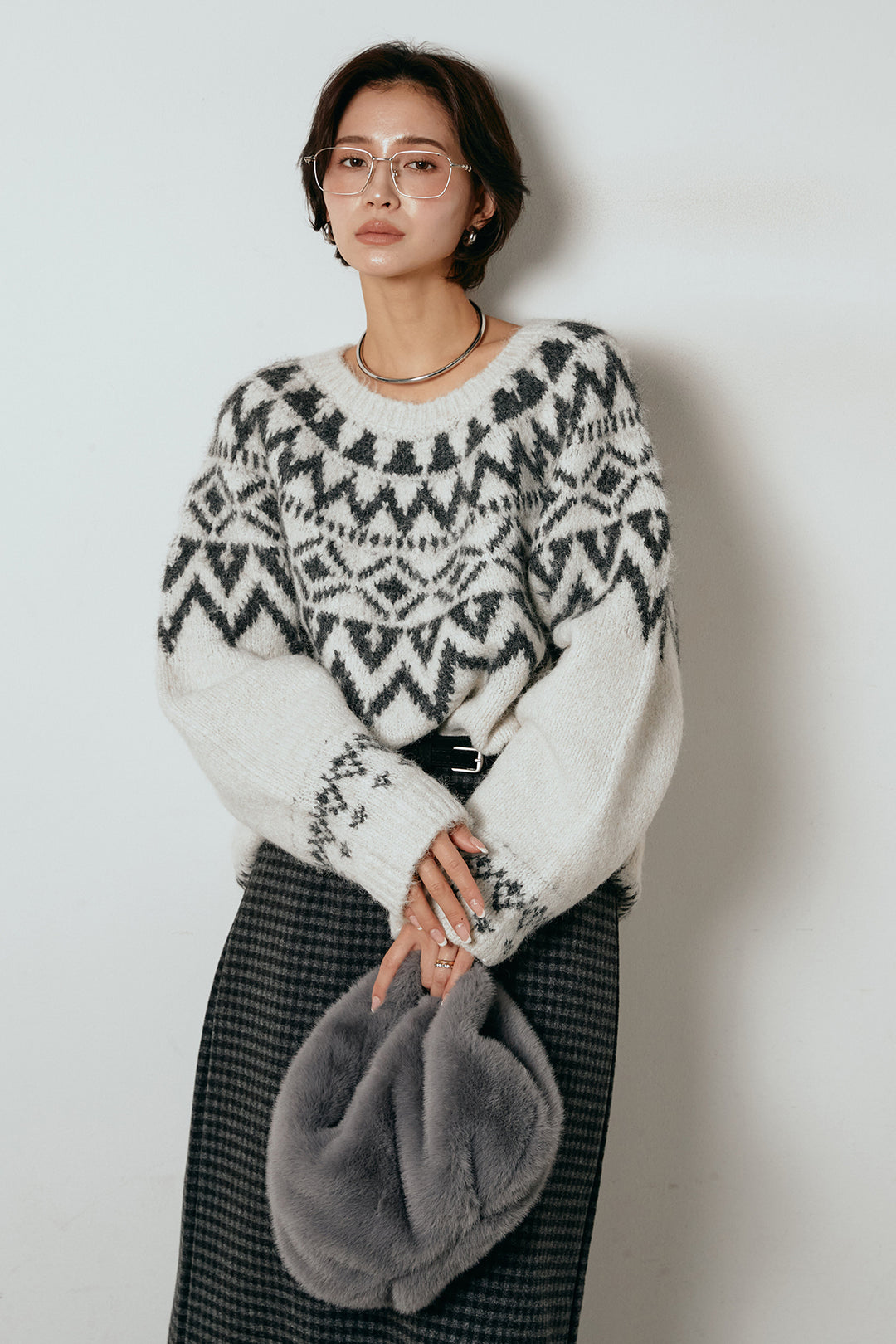 [SET]ノルディック柄Uネックプルオーバー+スエード調ベルト付きチェックナロースカート(2set)