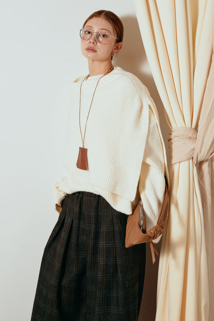 [SET]ケープデザインリブニットトップス+タータンチェック柄タックパンツ(2set)