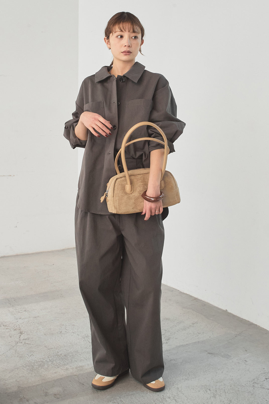 [SET]ツイルシャツジャケット+ツイルハイウエストタックパンツ(2set)