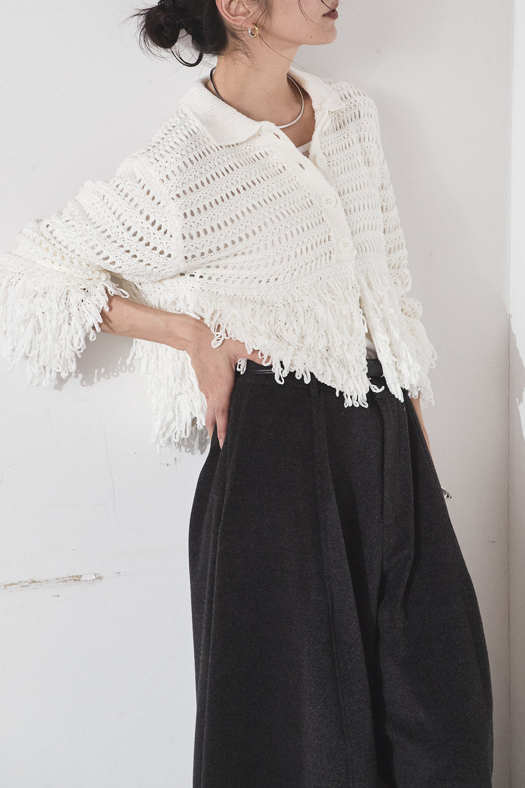 [SET]メッシュフリンジカーディガン+ウールタッチカーブワイドパンツ(2set)
