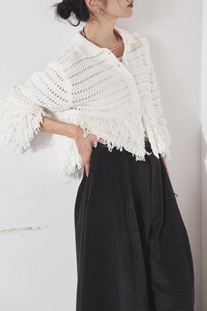[SET]メッシュフリンジカーディガン+ウールタッチカーブワイドパンツ(2set)