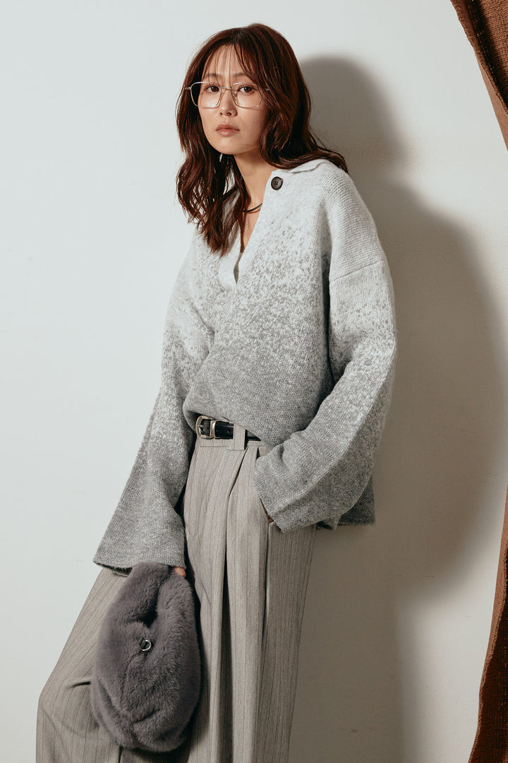 [SET]グラデーションラメニットキーネックプルオーバー+ストライプヘリンボーンパンツ(2set)