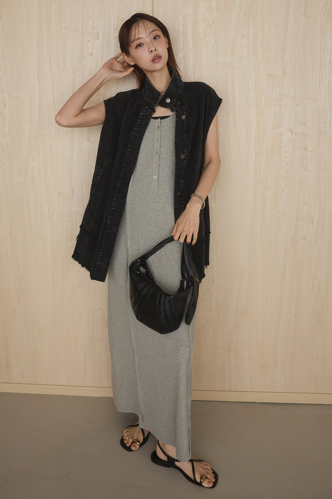 [SET]ケミカルデニムヘムカットオフジレ+ノースリロングワンピース(2set)