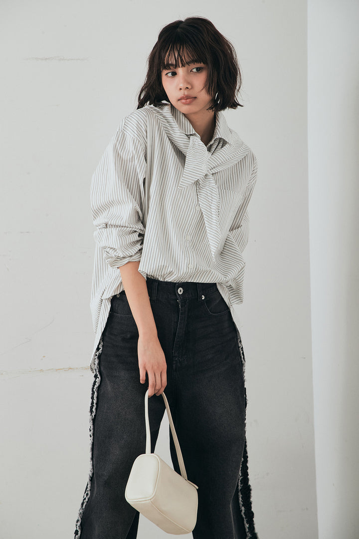 [SET]ランダムストライプスカーフ付きシャツ+デニムサイドフリルパンツ(2set)