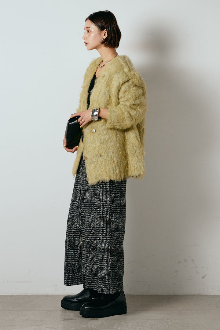 [SET]ウェーブシャギーニットジャケット+グレンチェック柄フロントジップタイトスカート(2set)